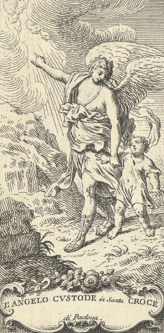 En engel som leder en ung gutt og gestikulerer mot skyene, ca. 1708-82. av Antonio Visentini