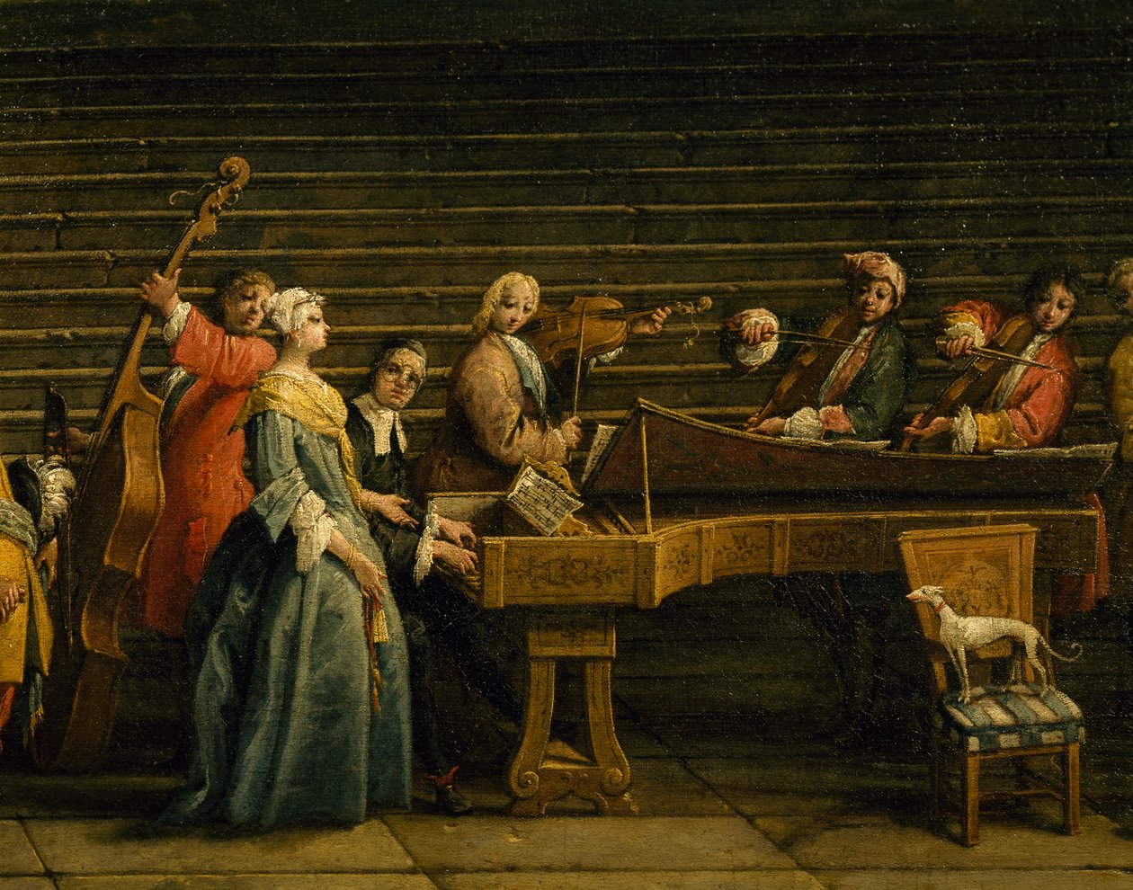 Concert at the Villa, av Antonio Visentini (1688-1782), piano og fiolin, olje på lerret, 207x320, Italia av Antonio Visentini