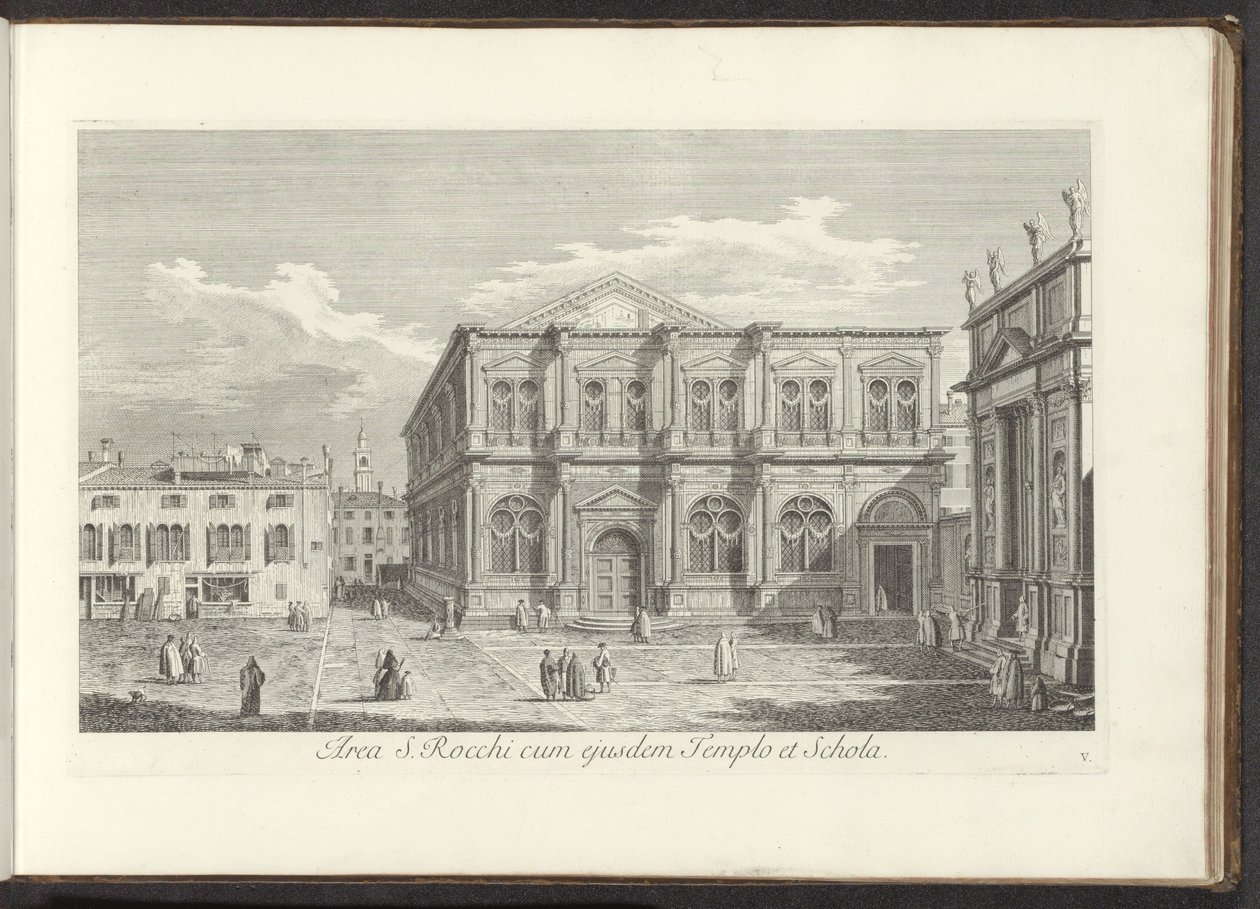 Utsikt over Campo San Rocco te Venetië Området til S. Rocchi med samme tempel og skole (tittel på objekt) Gezichten op bugemenen en pleinen in Venetië (serietittel) Den mer kjente utsikten over byen Venezia, fra Antoniuskanalens 38 paneler, gravert i messi av Antonio Visentini