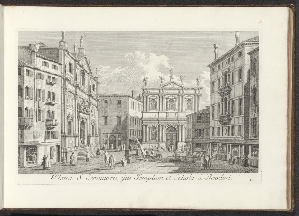 Utsikt over Campo San Salvador te Venetië Street of St. Saviour, dens tempel og skole for St. Theodore (tittel på objekt) Gezichten op bugemenen en pleinen in Venetië (serietittel) Mer kjent utsikt over byen Venezia, fra Antonius-kanalen, 38 luftpaneler av Antonio Visentini