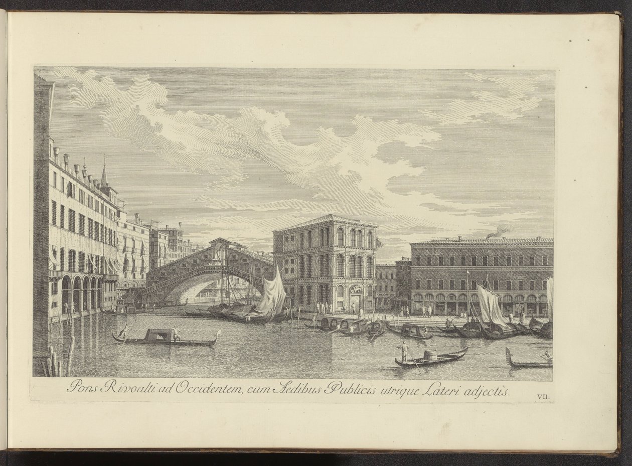 Se på Canal Grande, Palazzo dei Camerlenghi og Rialtobrug til Venetië Rivoalti-broen mot vest, med de offentlige bygningene festet til begge sider (tittel på objekt) Den mest kjente utsikten over byen Venezia, fra Antoniuskanalens 38 paneler, eks av Antonio Visentini