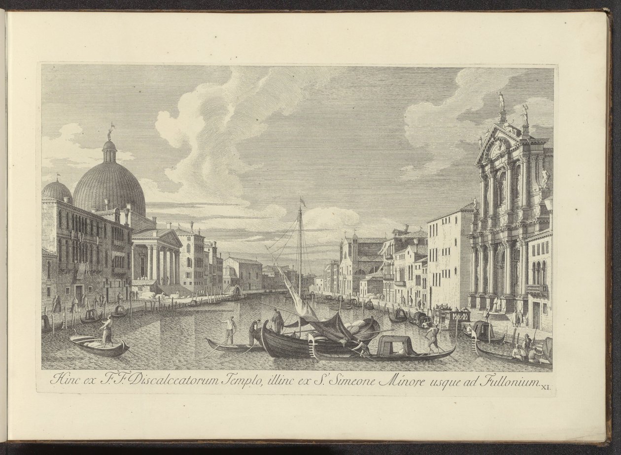 Utsikt over Canal Grande, Santa Maria di Nazareth og San Simeone Piccolo te Venetië Derav fra F.F. Temple of the Discalced, utover fra S. Simeon Minor til Fullonium (tittel på objekt) Den mest kjente utsikten over byen Venezia, fra Antonius-kanalen av Antonio Visentini