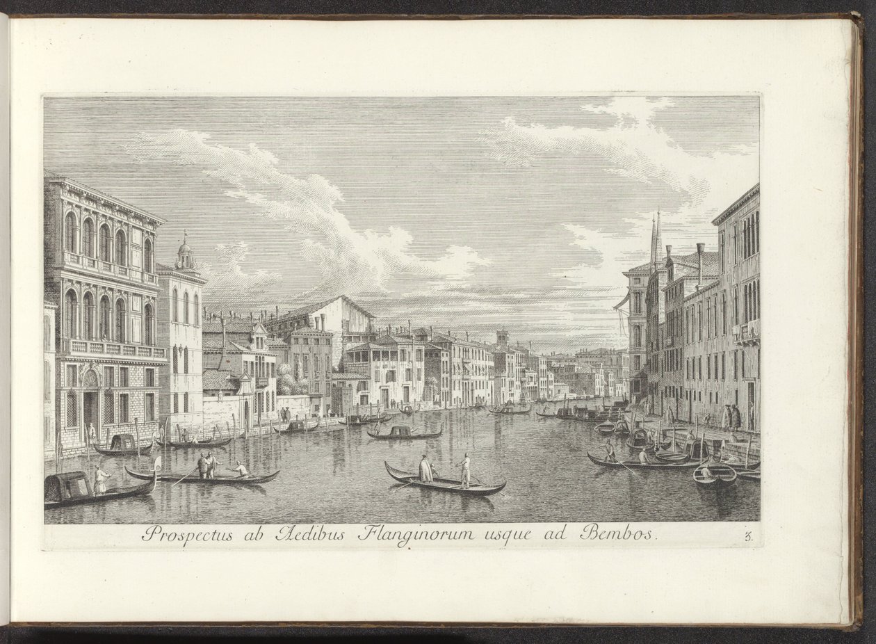 Se på Canal Grande og Palazzo Flangini i Venezia Utsikt fra husene til Flanginos til Bembos (tittel på objekt) Den mest kjente utsikten over byen Venezia, fra Antoniuskanalens 38 paneler, trykt i messing av Antonio Visentini, i tre deler av Antonio Visentini