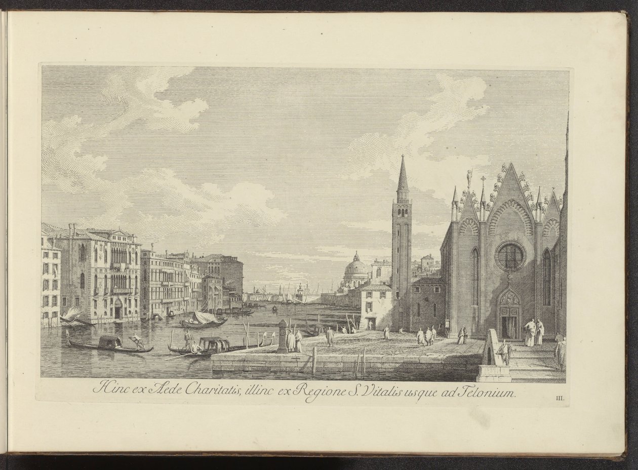 Se på Canal Grande en de Chiesa di Santa Maria della Carità te Venetië På denne siden fra veldedighetshuset, på den andre siden fra regionen S. Vitalis så langt som til Telonium (tittel på objekt) Den mest kjente utsikten over byen Venezia, fra Antonius-ka av Antonio Visentini