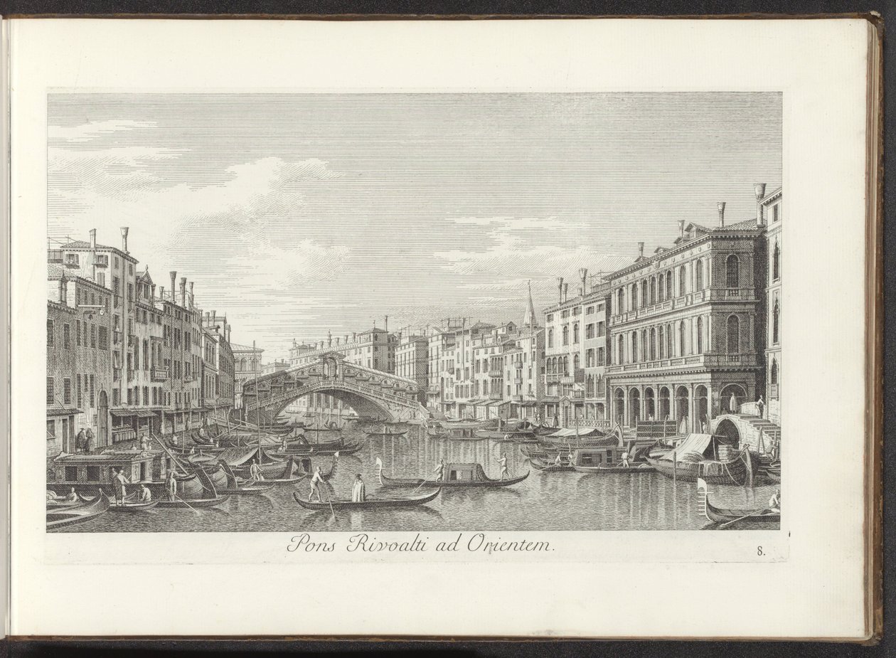 Se på Canal Grande og Rialtobrug i Venezia Rivoalti-broen til øst (tittel på objekt) Den mest kjente utsikten over byen Venezia, fra Antoniuskanalens 38 paneler, trykt på messing av Antonio Visentini, delt inn i tre deler. den andre delen (ser av Antonio Visentini