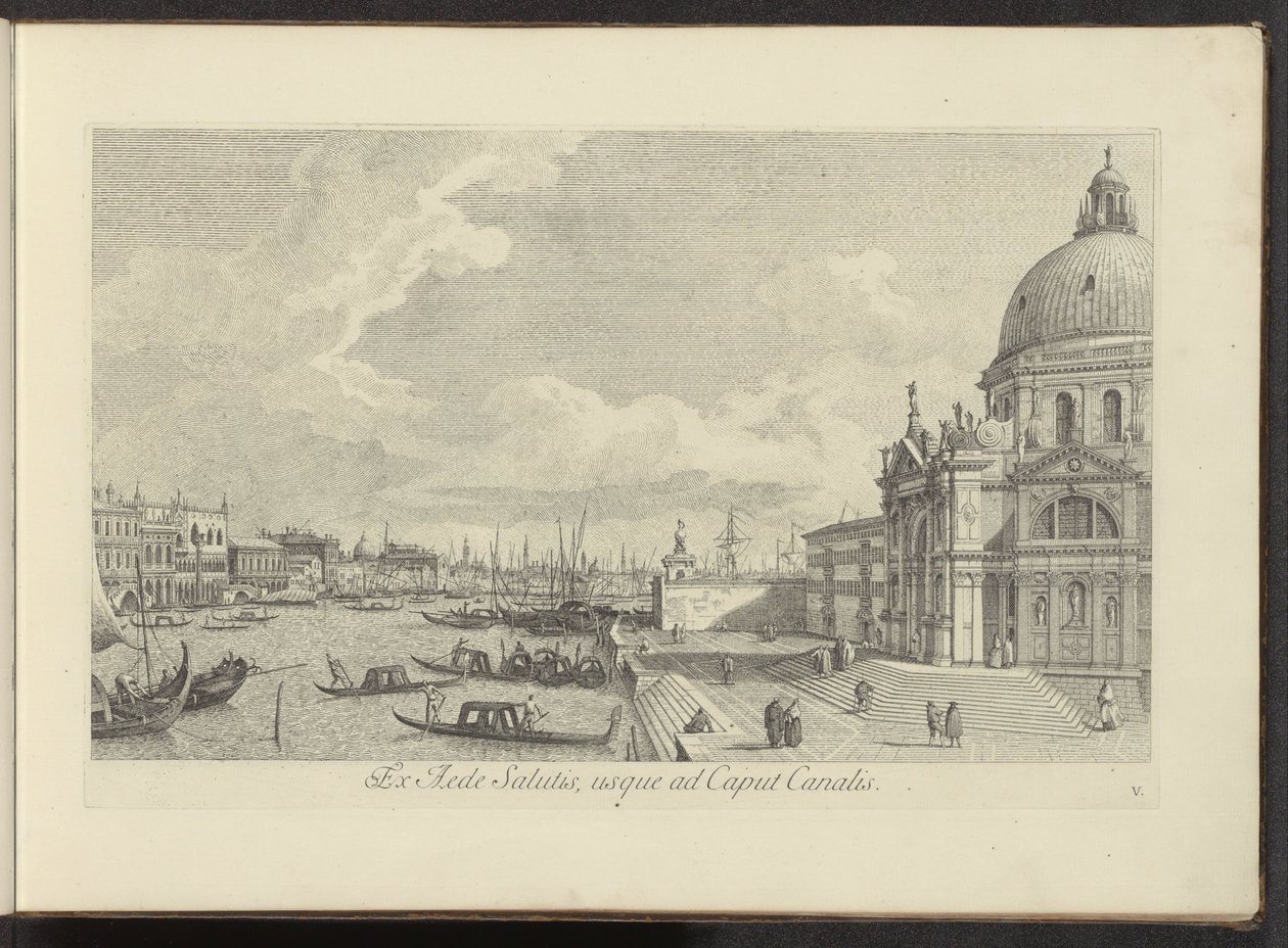 Utsikt over Canal Grande en de Santa Maria della Salute te Venetië Fra salutthuset, opp til kanalhodet (tittel på objekt) Den mest kjente utsikten over byen Venezia, fra de 38. panelene til Antonius-kanalen, trykt på lufta av Antonio Visentini i tre deler av Antonio Visentini