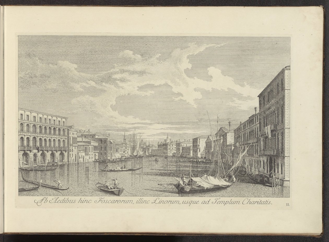 Utsikt over Canal Grande te Venetië Fra husene til Foscars på denne siden, på den andre siden av Linos, så langt som veldedighetstempelet (tittel på objektet) Den mest kjente utsikten over byen Venezia, fra Antoniuskanalens 38 paneler, trykt i messing av A av Antonio Visentini