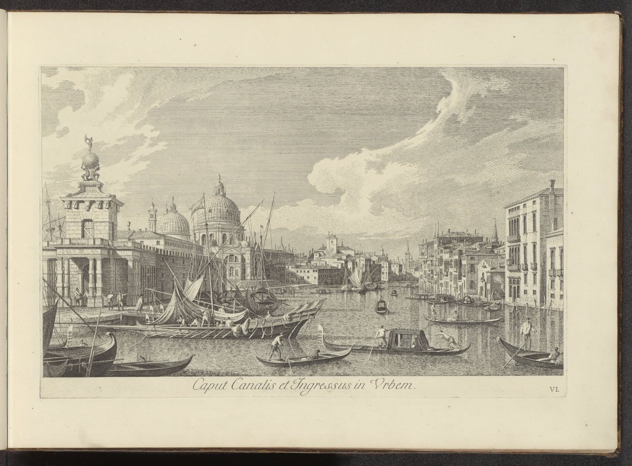 Utsikt over Canal Grande te Venetië Leder for kanalen og inngangen til byen (tittel på objekt) Den mest kjente utsikten over byen Venezia, fra Antoniuskanalens 38 paneler, trykt på messing av Antonio Visentini, delt inn i tre deler. del én (serietittel av Antonio Visentini