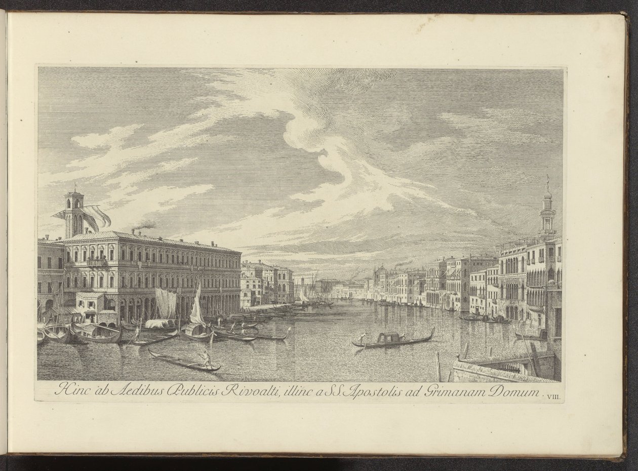 Se på Canal Grande te Venetië Hinc ad Aedibus Publicis Rivoalti, den andre fra SS. Apostles ad Grimana Dom (tittel på objekt) Den mest kjente utsikten over byen Venezia, fra de 38. panelene til Antonius-kanalen, trykt i messing av Antonio Visentini i deler av Antonio Visentini