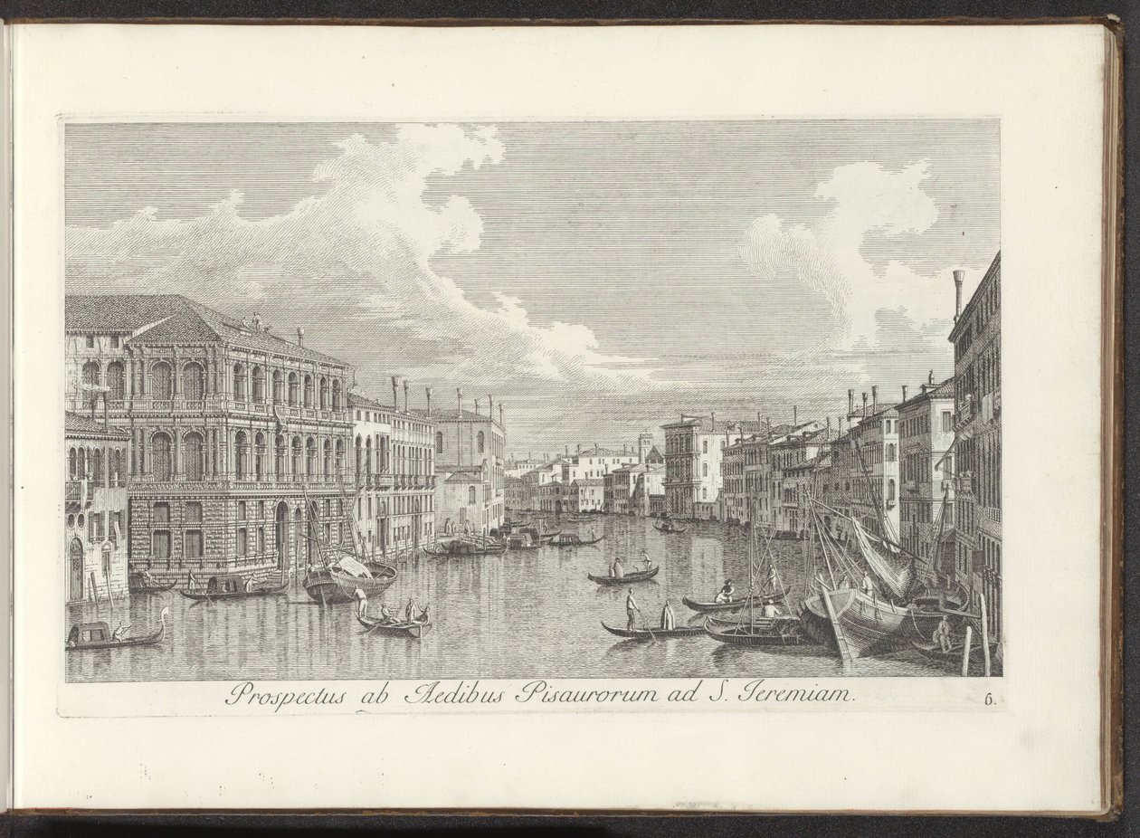 Utsikt over Canal Grande te Venetië Utsikt fra husene i Pisa til St. Jeremia (tittel på objekt) Den mest kjente utsikten over byen Venezia, fra Antoniuskanalens 38 paneler, trykt på messing av Antonio Visentini, delt inn i tre deler. den andre delen av Antonio Visentini