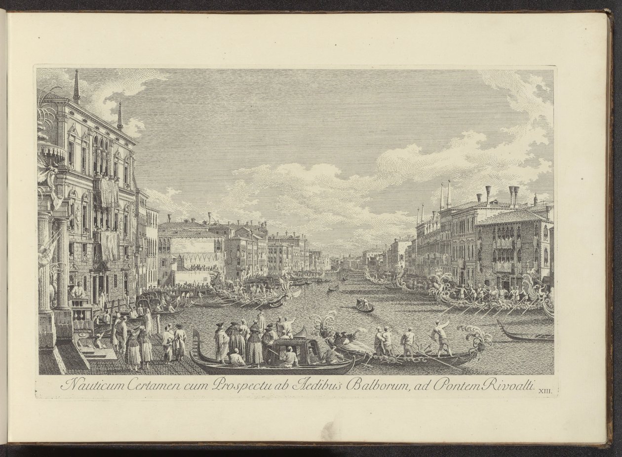Se på Canal Grande te Venetië hvor de Regata plassvindt Nautisk konkurranse med utsikt fra husene i Balbore til Rivoalti-broen (tittel på objekt) Mer kjent utsikt over byen Venezia, fra Antonius Canal 38 paneler trykt på luft av Antonio av Antonio Visentini