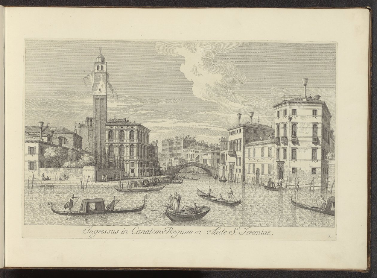 Se på Cannaregio i Palazzo Labia te Venetië Inngang til Royal Canal fra huset til St. Jeremiah (tittel på objekt) Den mest kjente utsikten over byen Venezia, fra Antonius-kanalens 38 paneler trykt på luft av Antonio Visentini, delt inn i tre deler av Antonio Visentini