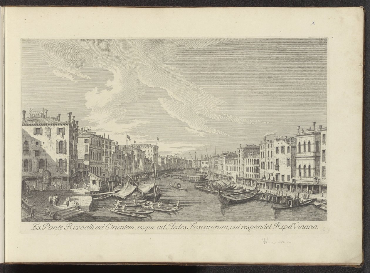 Vis fra Rialtobrug på Canal Grande i Venetië Fra Ponte Rivoalti til øst, til Aedes Foscarorum, som tilsvarer Ripa Vinaria (tittel på objekt) Den mest kjente utsikten over byen Venezia, fra Antoniuskanalens 38 paneler, trykt i messing av A av Antonio Visentini