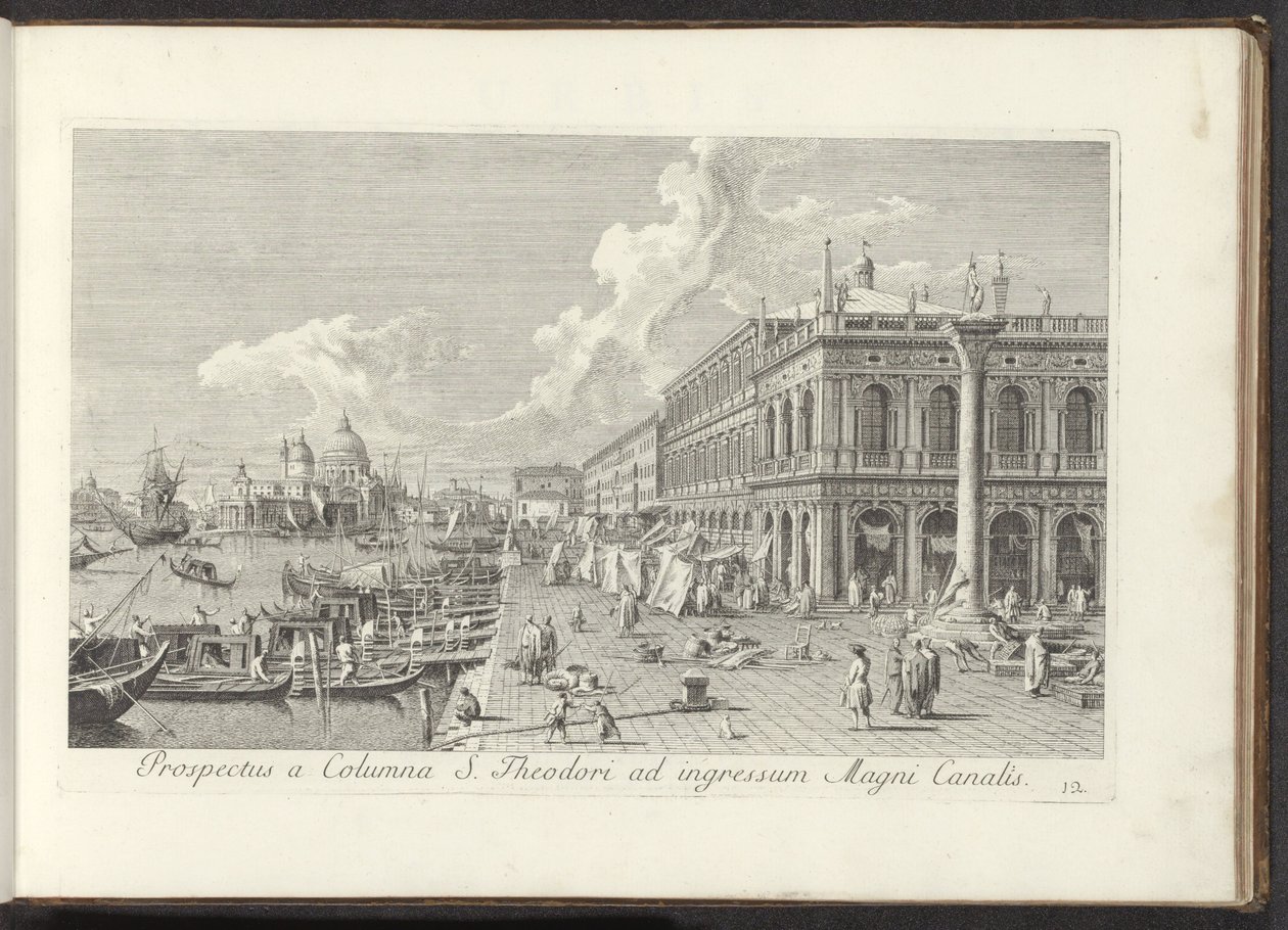 Hoek van het San Marcoplein med de Biblioteca Marciana Utsikt fra St. Theodore-søylen til inngangen til Canal Grande (tittel på objekt) Den mest kjente utsikten over byen Venezia, fra Antoniuskanalens 38 paneler i messing, trykt av Antonio Visentini i dele av Antonio Visentini