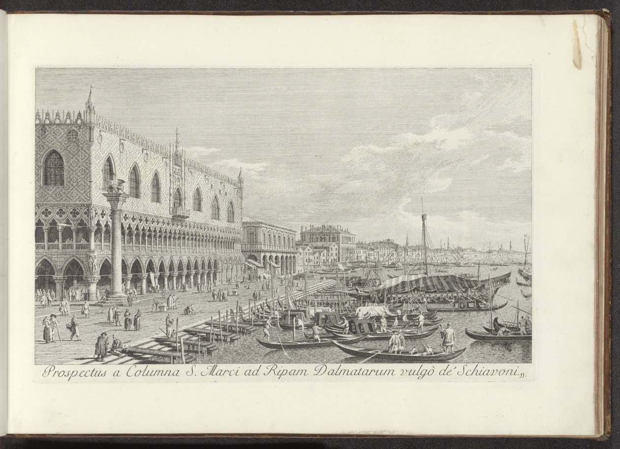 Hoek van het San Marcoplein met het Dogepaleis en de zuil met de Leeuw van Venetië Prospectus a Columna S. Marci ad Ripam Dalmatarum vulgò de