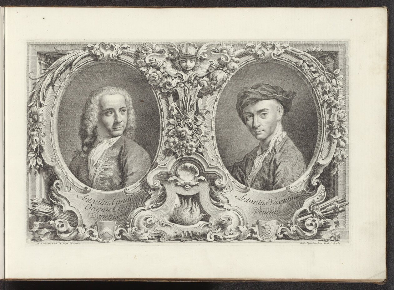 Portretten van artister Canaletto og Antonio Visentini Den mest kjente utsikten over byen Venezia, fra Antoniuskanalens 38 paneler, trykt på messing av Antonio Visentini, delt inn i tre deler. del én (serietittel) Gezichten op grote kanalen i Ven av Antonio Visentini