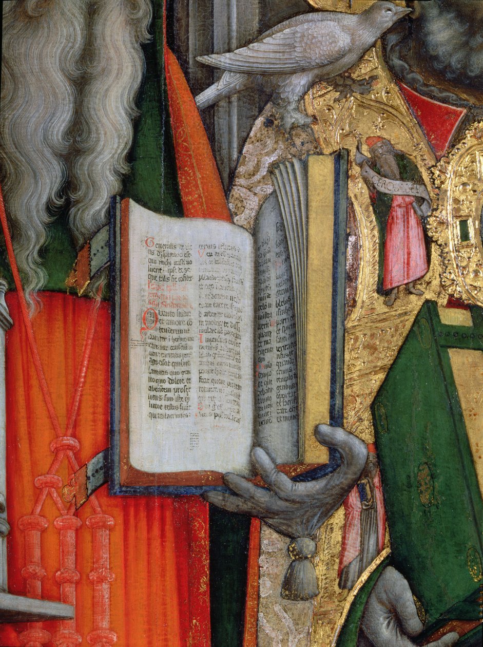 St. Jeromes Bible og St. Gregorys Dove, detalj av venstre panel fra The Virgin Enthroned with Saints Jerome, Gregory, Ambrose and Augustine, 1446 olje på lerret etter restaurering se 160893-99 av Antonio Vivarini