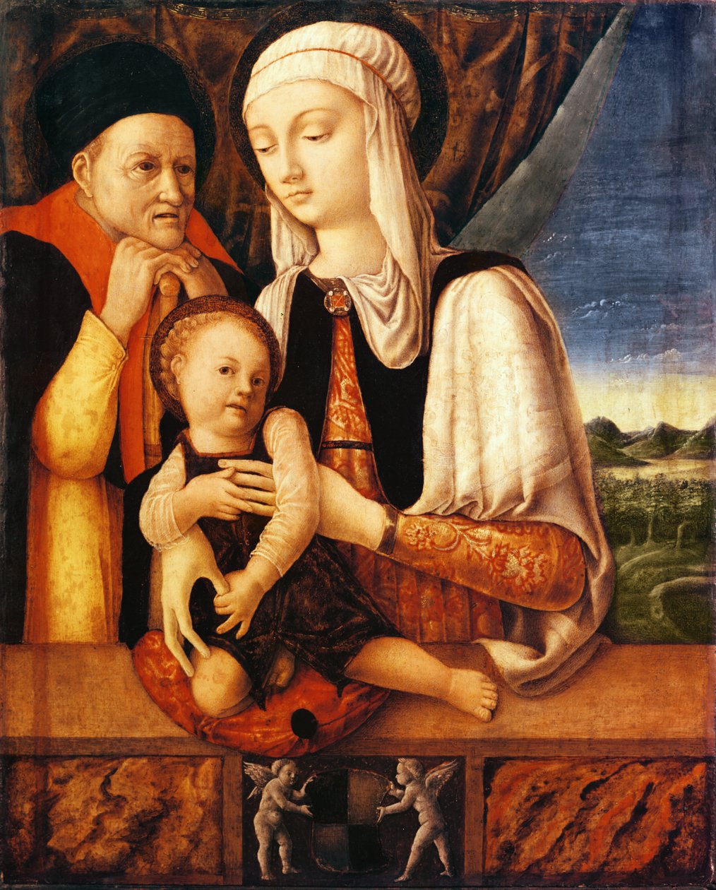 Den hellige familie (våpenskjold til Barbara de Brandeboug, hertuginne av Mantua), ca. 1450-60 (olje på tre) av Antonio Vivarini
