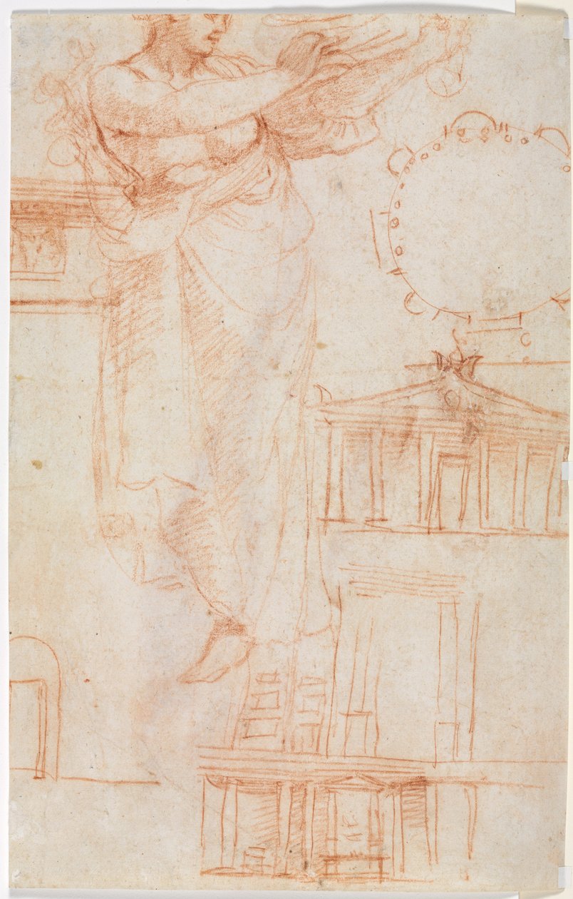 En drapert kvinneskikkelse muligens en Amazon og Architectural Studies verso, ca. 1525. av Antonio da Correggio