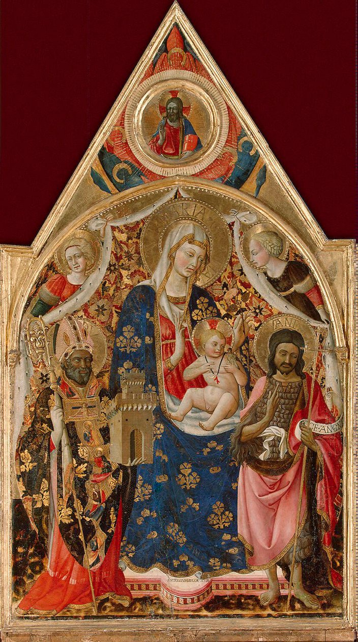 Madonna og barn, med en biskop, døperen Johannes og engler, tidlig på 1400-tallet. av Antonio da Firenze
