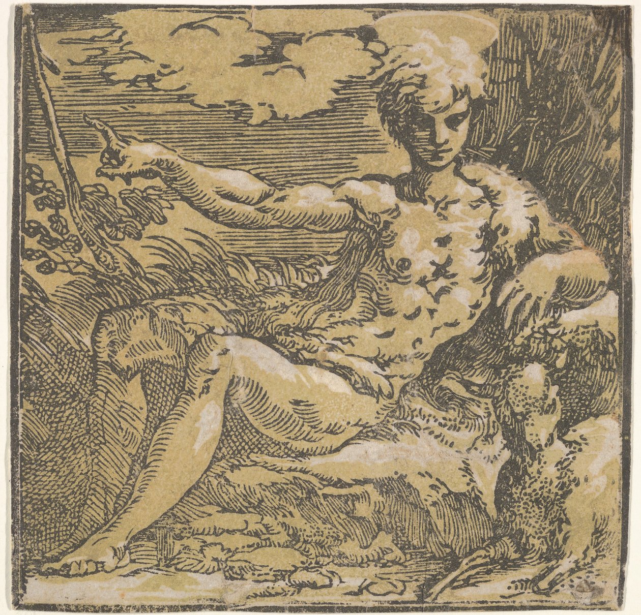 Døperen Johannes i ørkenen, et lam ved hans side, ca. 1527-30. av Antonio da Trento