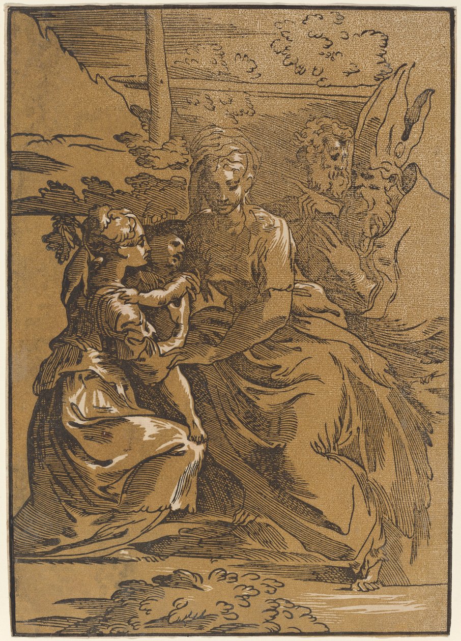 Den hellige familie med to hellige av Antonio da Trento after Parmigianino