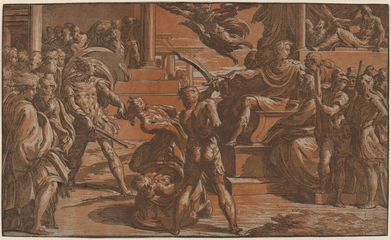 To helliges martyrium av Antonio da Trento, after Parmigianino