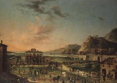 Et capriccio-panorama av reisen til Charles III, kongen av de to Siciliene, fra villaen hans i Portici til Palazzo Farnese i Roma av Antonio de dipi (attr. to) Joli