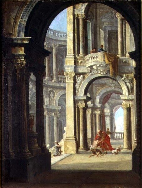 En Capriccio av et barokkpalass med den fortapte sønns retur av Antonio de dipi (circle of) Joli