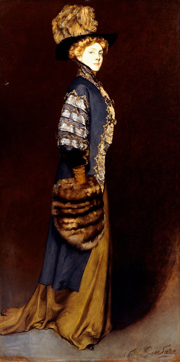 En elegant dame med en pelsmuff av Antonio de la Gandara