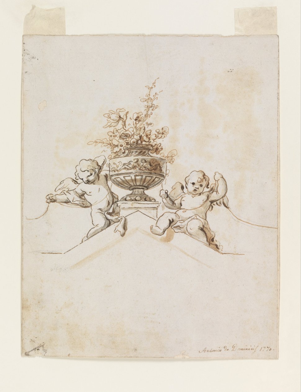To Putti ved siden av en vase med blomster av Antonio di Dominici