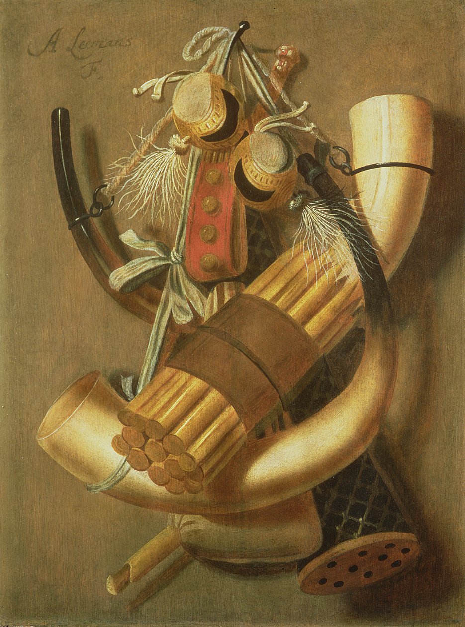 Stilleben av jakttilbehør (panel) av Antonius Leemans