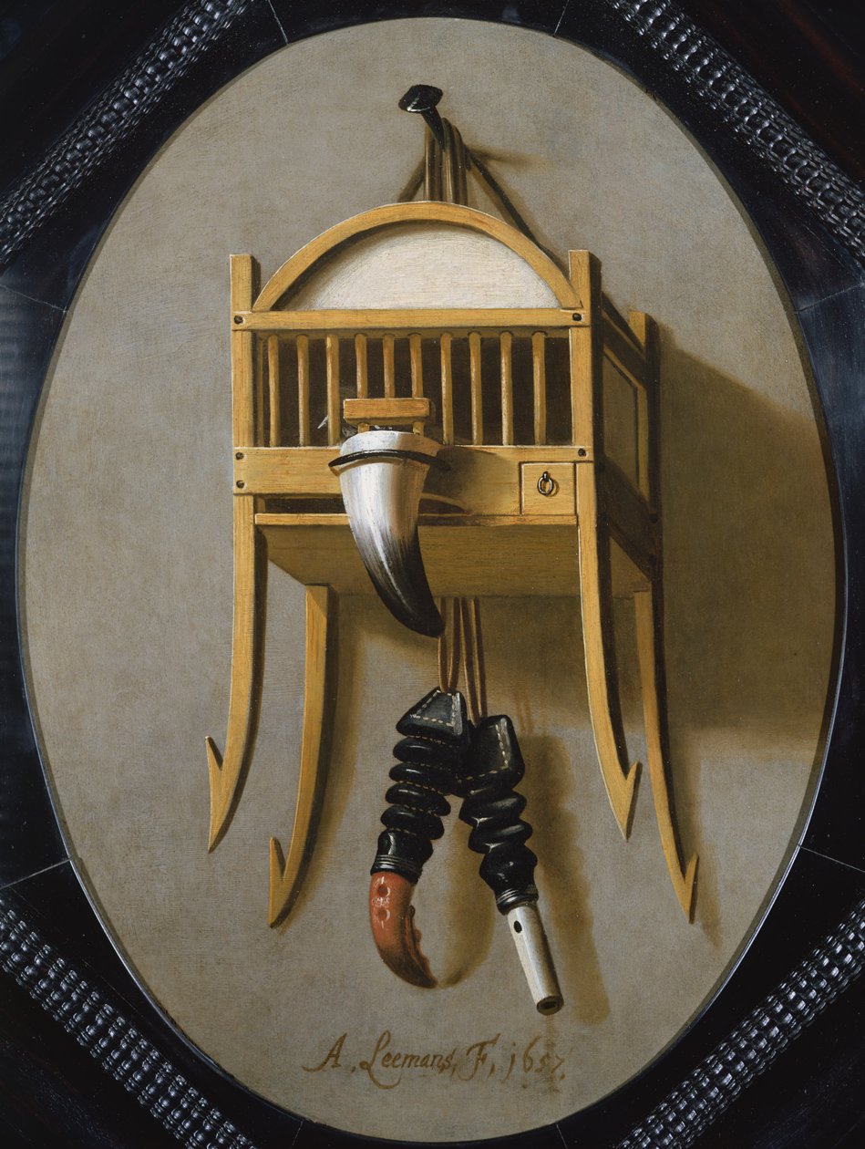 Trompe LOeil med fuglebur og fløyte, 1600-tallet av Antonius Leemans