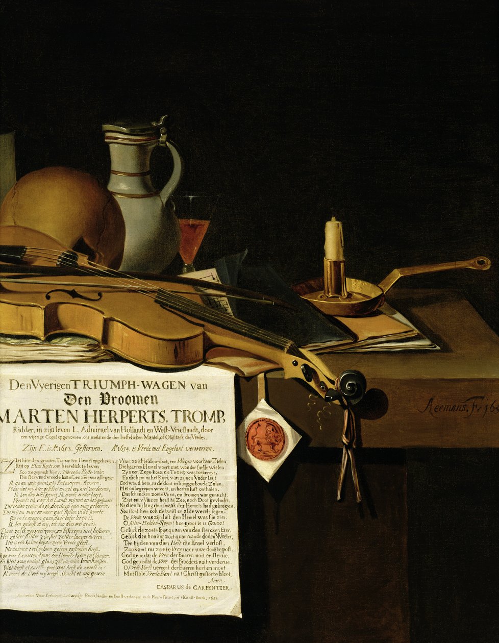 Vanitas stilleben-hyllest til admiral Marten Herpertszwoon Tromp, 1655 av Antonius Leemans