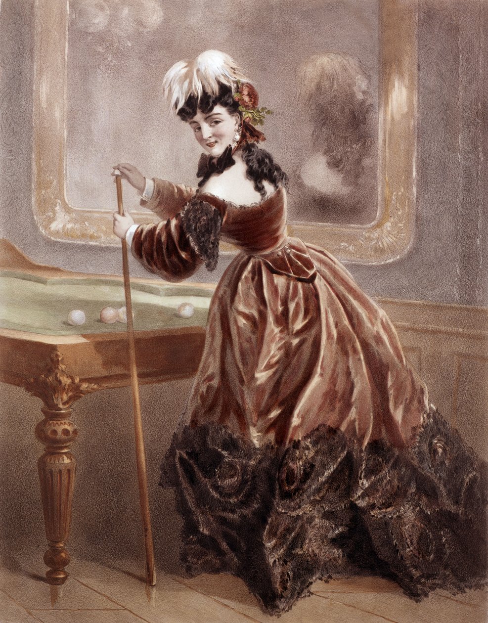 En kurtisane på tidspunktet for det andre imperiet som spilte biljard (fargegravering) av Antony Paul Emile Morlon