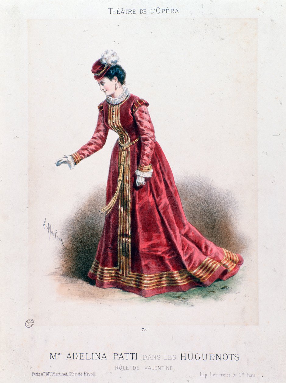 Portrett av sangerinnen Adeline Patti (1843-1919) som Valentine i Les Huguenots-operaen av Giacomo Meyerbeer (1791-1864). av Antony Paul Emile Morlon