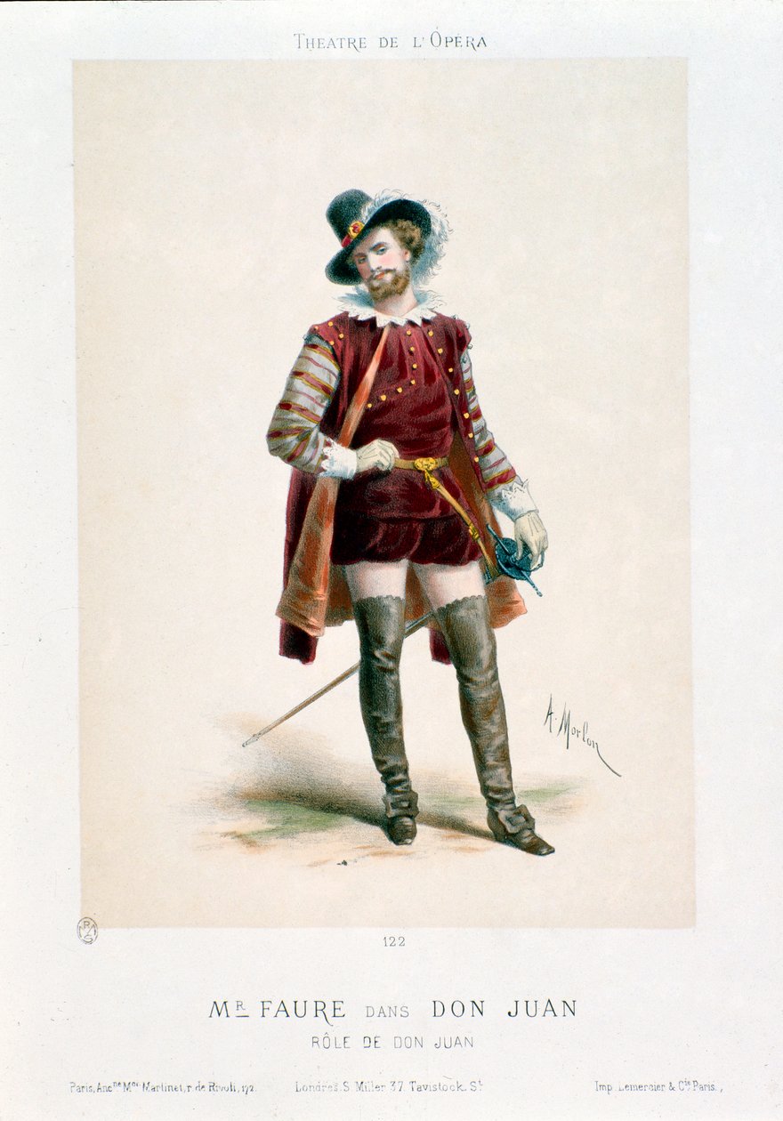 Sanger Jean-Baptiste (Jean Baptiste) Faure (1830-1914) fremfører Don Giovanni (Don Juan) i operaen med samme navn av Wolfgang Amadeus Mozart (1756-1791) under en forestilling på Operateatret i Paris. Litografi av Antony Morlon (1834-1914) Colle av Antony Paul Emile Morlon