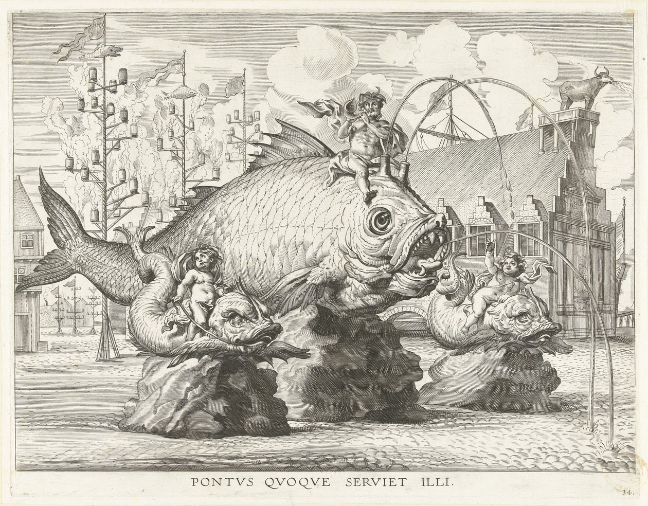 Opptog med Triton på en gigantisk fisk; Ferdinands inntreden i Gent i 1635 Pontvs Qvoqve serviett illi (tittel på objekt) av Antony van der Does