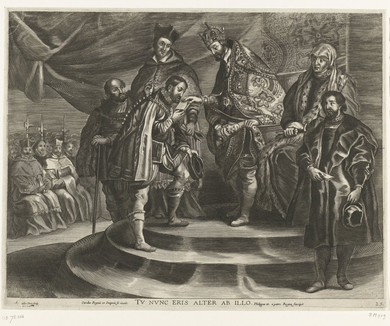 Troonsafsand van Karel V; intocht van Ferdinand te Gent i 1635 (blad 25) Charles fratok seg kongeriket og imperiet / Du vil nå bli nummer to etter ham / Filip II tar kongeriket fra sin far (tittel på objekt) av Antony van der Does