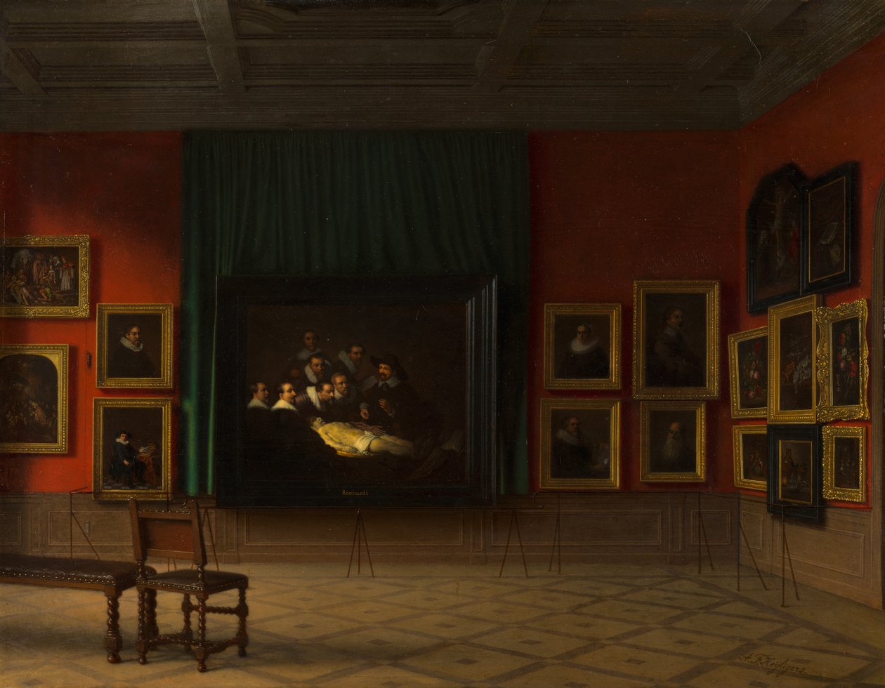 Interiøret i Rembrandt -rommet i Mauritshuis i 1884 av Antoon Francois Heyligers