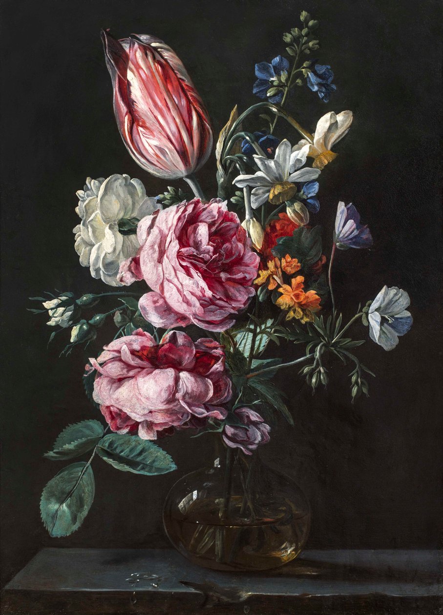 En bukett med narcissus, papegøyetulpaner, roser og andre blomster i en glassvase på en steinsokkel, ca. 1650-tallet (olje på kobber) av Antwerp School