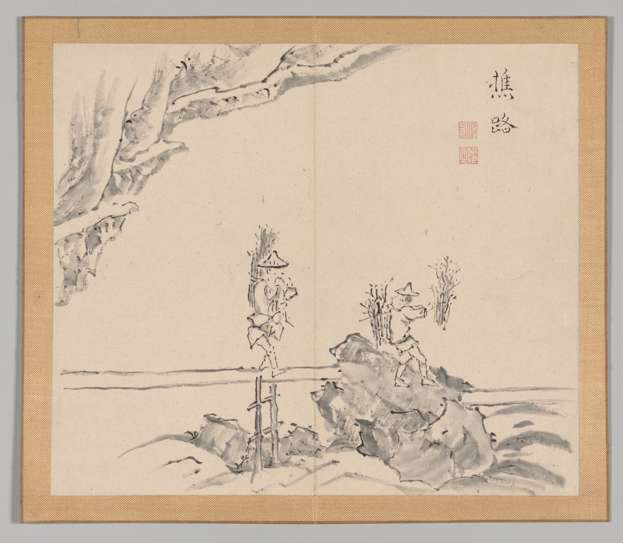 Dobbeltalbum med landskapsstudier etter Ikeno Taiga, bind 1 blad 32, 1700-tallet. av Aoki Shukuya