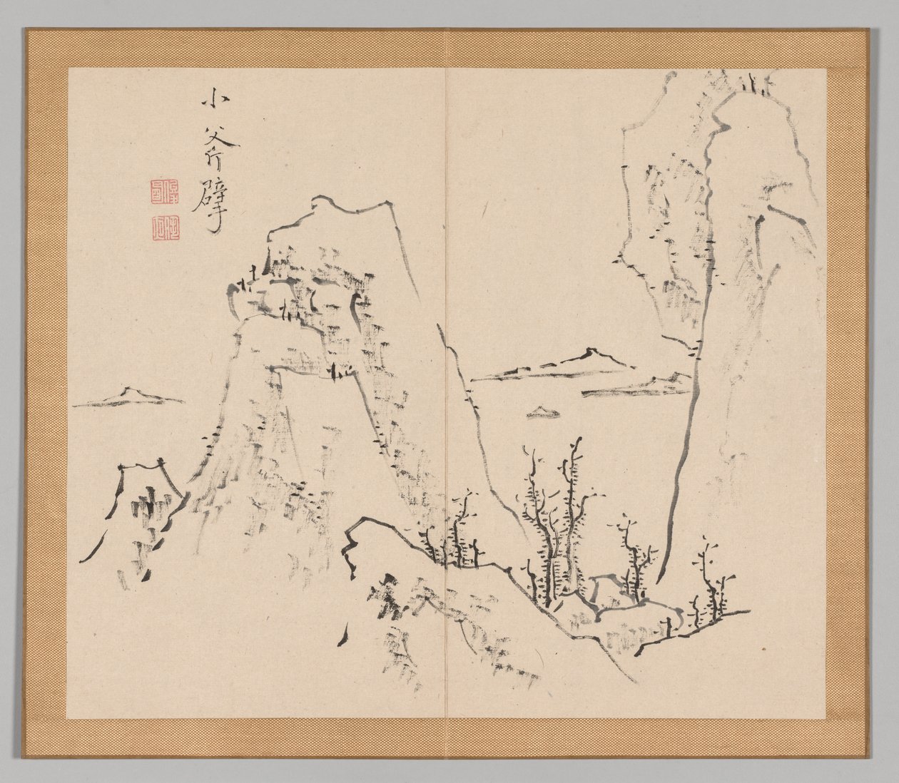 Dobbeltalbum med landskapsstudier etter Ikeno Taiga, bind 1 blad 8, 1700-tallet. av Aoki Shukuya