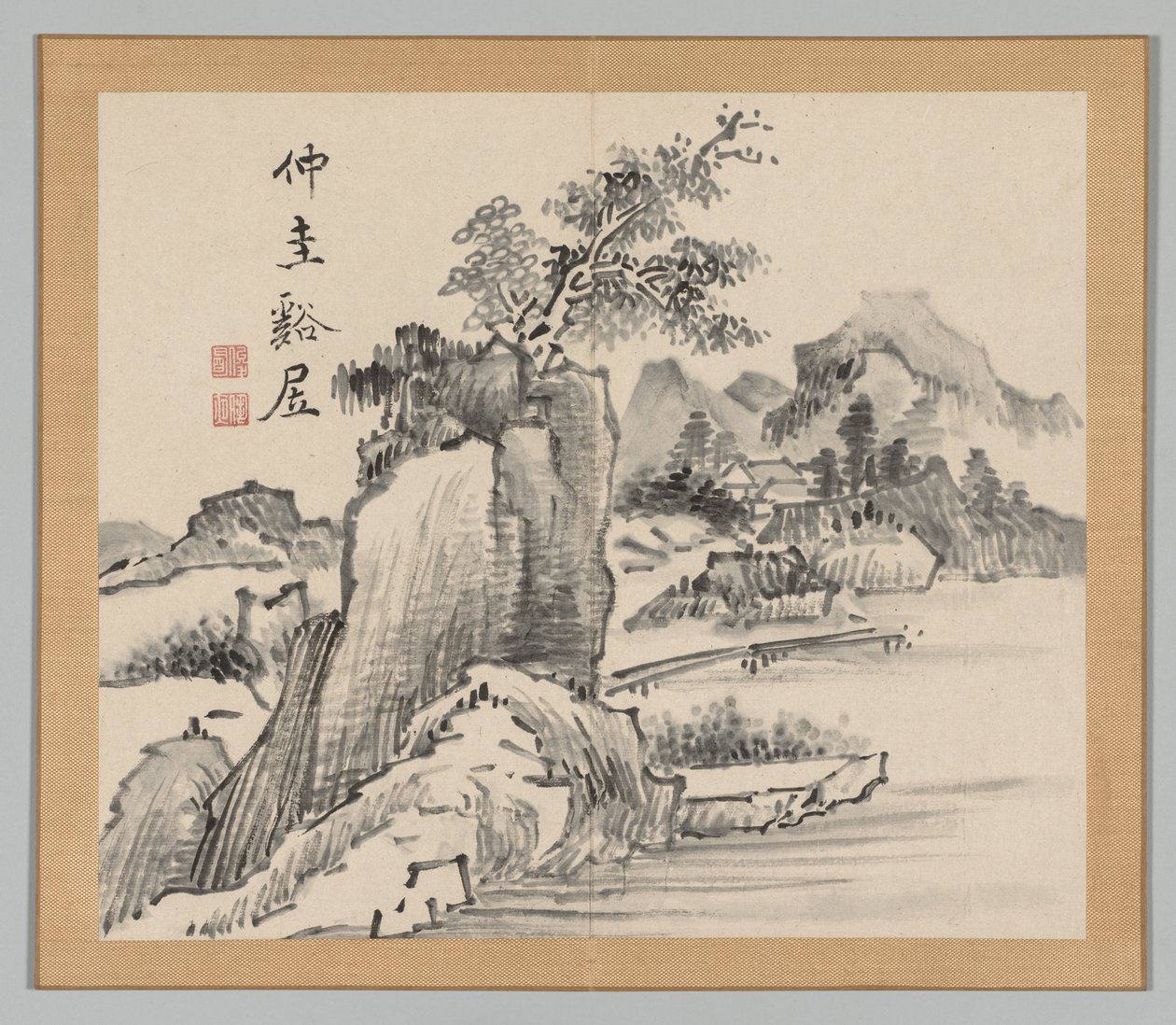 Dobbeltalbum med landskapsstudier etter Ikeno Taiga, bind 2 blad 14, 1700-tallet. av Aoki Shukuya