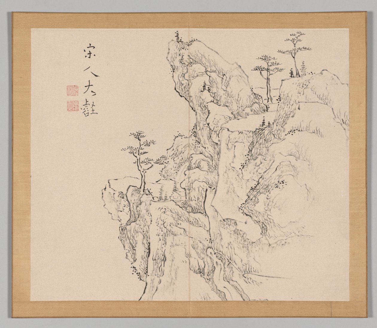 Dobbeltalbum med landskapsstudier etter Ikeno Taiga, bind 2 blad 1, 1700-tallet. av Aoki Shukuya