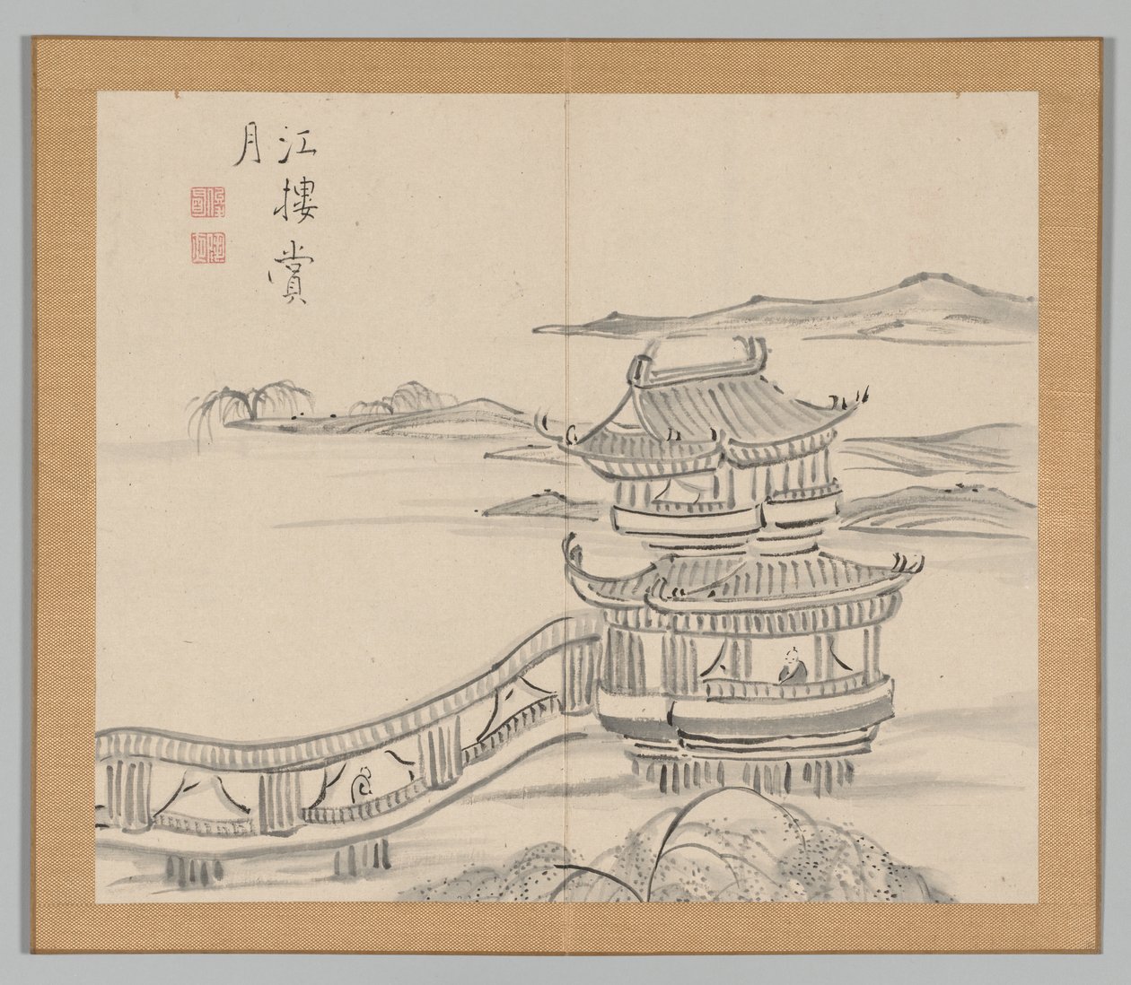 Dobbeltalbum med landskapsstudier etter Ikeno Taiga, bind 2 blad 25, 1700-tallet. av Aoki Shukuya