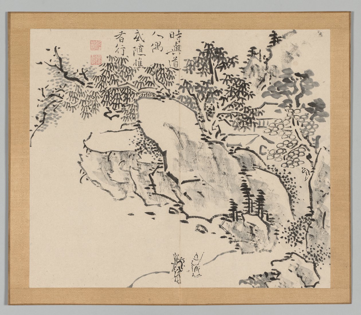 Dobbeltalbum med landskapsstudier etter Ikeno Taiga, bind 2 blad 34, 1700-tallet. av Aoki Shukuya