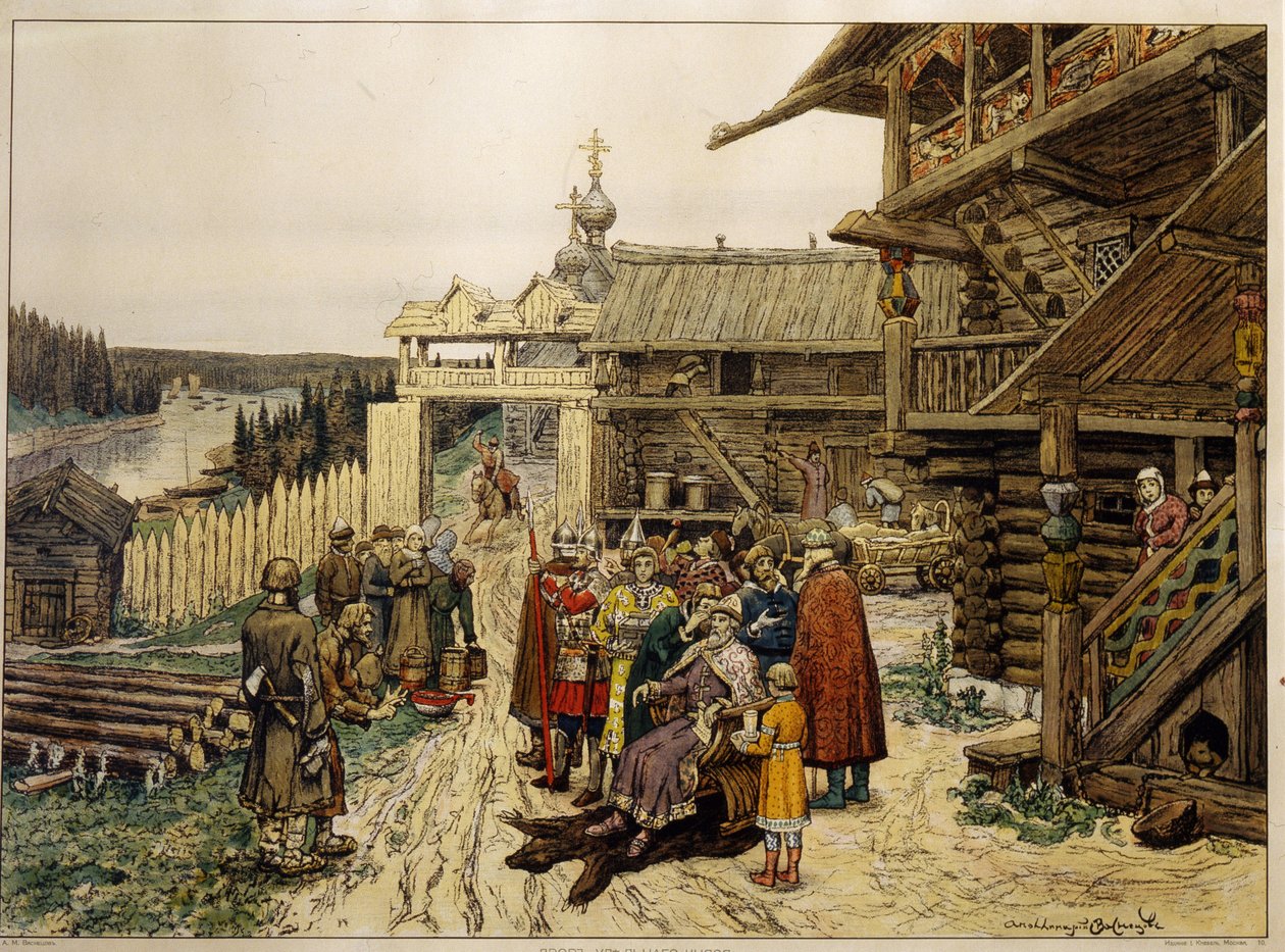 Føydal domstol til en russisk prins. (I en middelalderlandsby lytter herren, som sitter på en stol på gårdsplassen til et trehus, omgitt av sine soldater og rådgivere, til bøndenes klager). Verk av Appolinari Mikhaylovich Vasnetsov av Apollinari Mikhailovich Vasnetsov