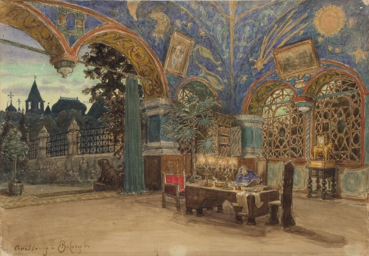 Spisesalen til prins Vasilij Golitsyn. Scenedesign for operaen Khovanshchina av M. Musorgsky, 1897 av Apollinari Mikhailovich Vasnetsov