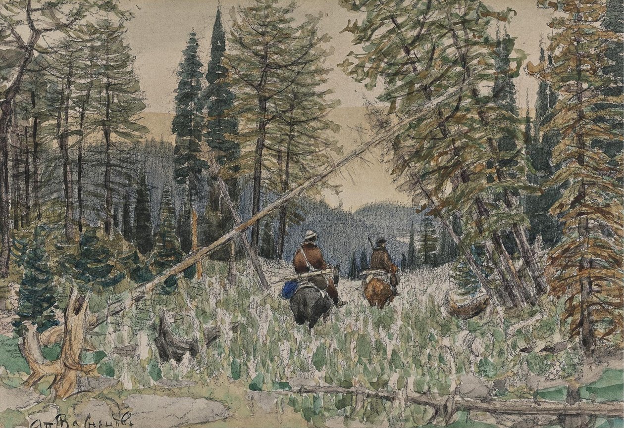 Jegere til hest i en furuskog av Apollinari Mikhailovich Vasnetsov